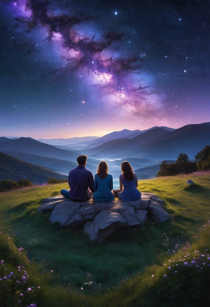 A celestial scene depicting a vibrant night sky filled with twinkling stars and zodiac symbols intermingled among them. In the foreground, a couple is sitting on a grassy hill, pointing towards constellations, with a sense of joy and connection. Surrounding the couple are soft glowing orbs representing astrological compatibility, radiating warmth and harmony. The colors are deep blues and purples with hints of gold and silver for a magical effect. starry sky, vibrant colors, super-realistic.