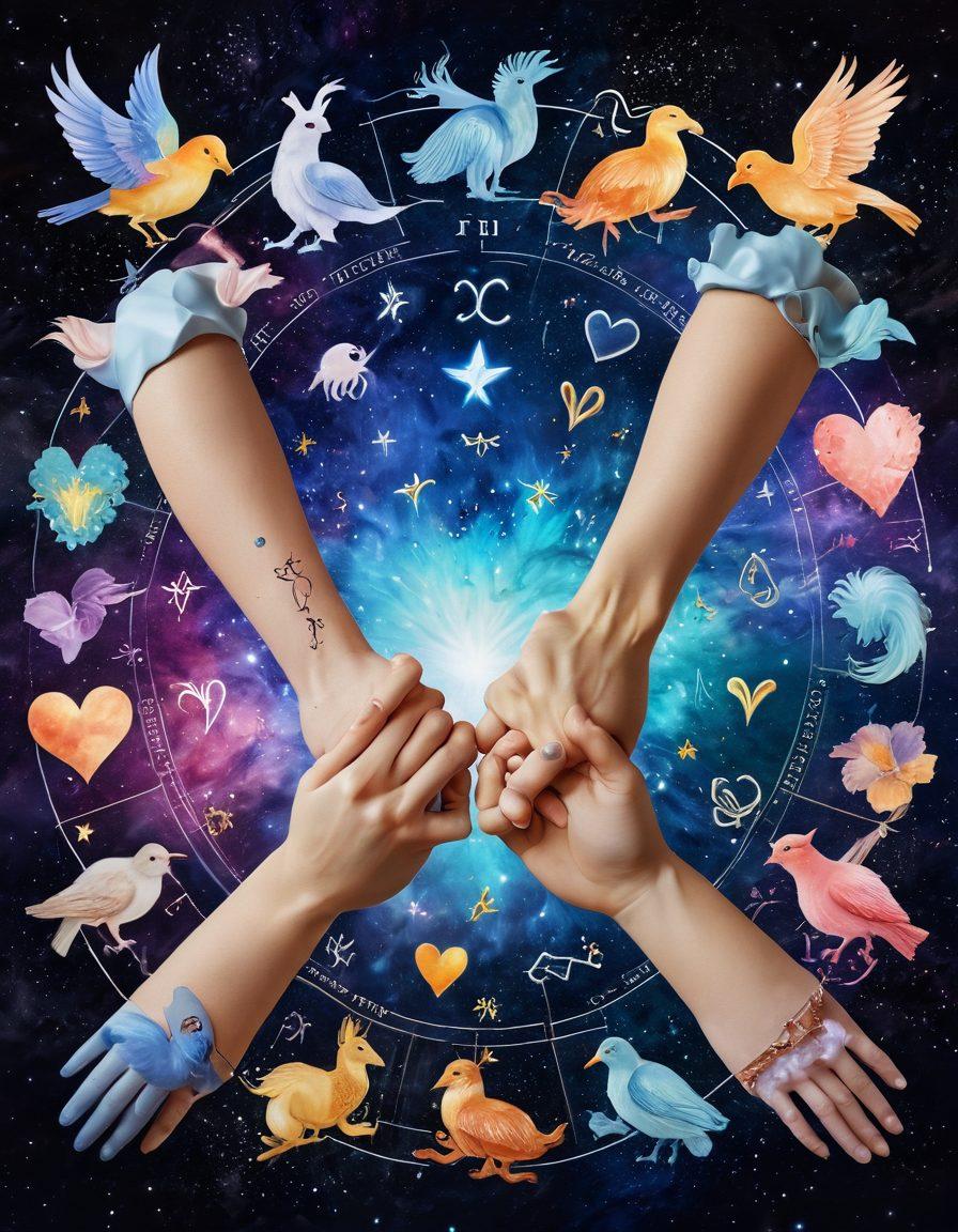 A mesmerizing collage of zodiac signs interwoven with symbols of love and connection, featuring harmonious colors that represent each sign's personality. Include glowing constellations in the background, soft hearts, and intertwined hands symbolizing unity. The scene captures the essence of nurturing relationships influenced by astrology. Vibrant colors. Super-realistic.