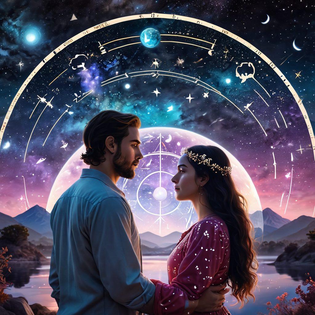 A celestial scene with a vibrant starry night sky filled with zodiac constellations, surrounded by soft glowing orbs representing personal horoscopes. In the foreground, a couple is gazing at the stars while holding hands, symbolizing love and connection. Gentle ethereal light illuminating their faces, creating a warm and inviting atmosphere. Incorporate elements of astrology like astrolabes and tarot cards scattered near them. dreamy and mystical. vibrant colors. 3D.